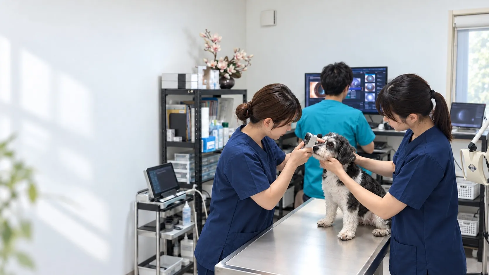 動物の保定と眼科検査を行うチームの業務イメージ