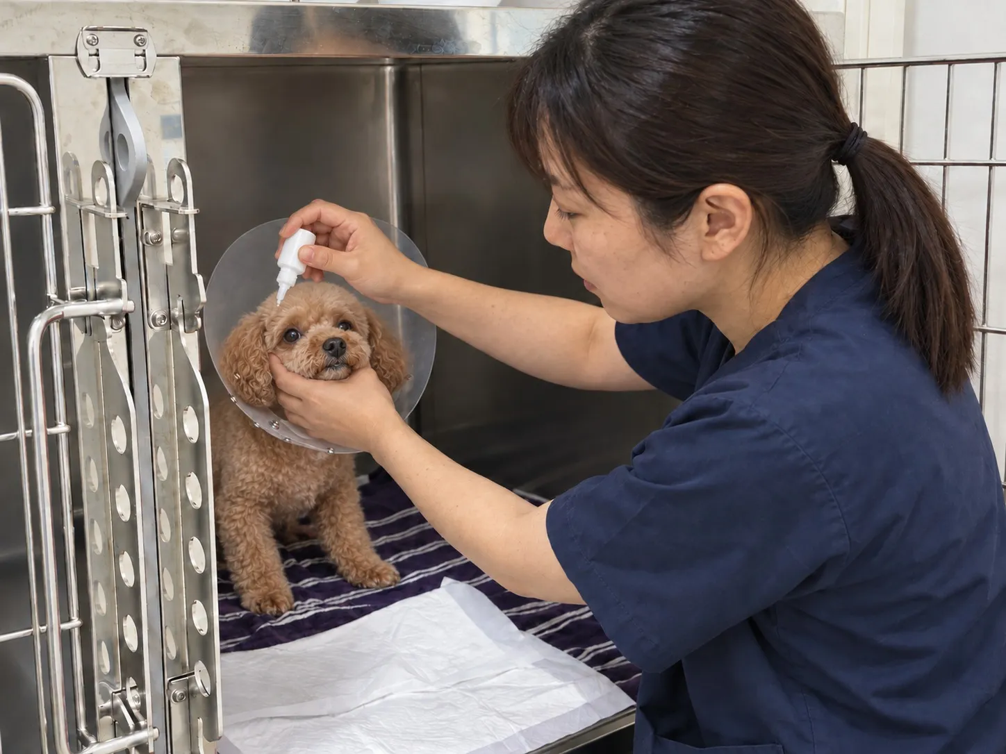 看護師が入院中の犬を支え、点眼のケアを行う業務イメージ